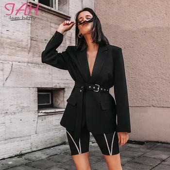 

Iamhotty Belt Pocket Office Ladies Solid Blazer Long Sleeve Single Button Black Blazers Woman Suit Coat Jacket Blazer Plus Size