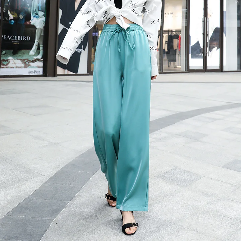 

Wide Legged Pants For Women Fashion Summer Casual High Waist Long Trousers Solid Color Silky Elegant Loose Pants Office Lady