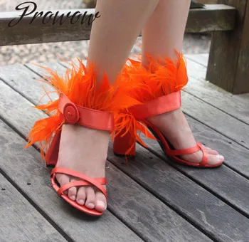

Prowow New Pink White Fashion Feather Summer Sandals Opne Toe Buckle Cross Tie Thick Heel Sandals Shoes Women