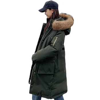 

Winter Jacket Down parka women Mid long Three dimensional Pocket Large Hair Collar Down Clothes Women Thickening Coat 915