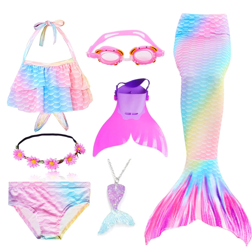

Kids Swimmable Mermaid Tail for Girls Swimming Bating Suit Mermaid Costume Swimsuit can add Monofin Fin Goggle with Garland