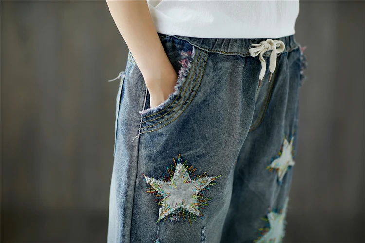 

2019 summer new national style simple wild student loose casual display five points jeans star patch embroidery