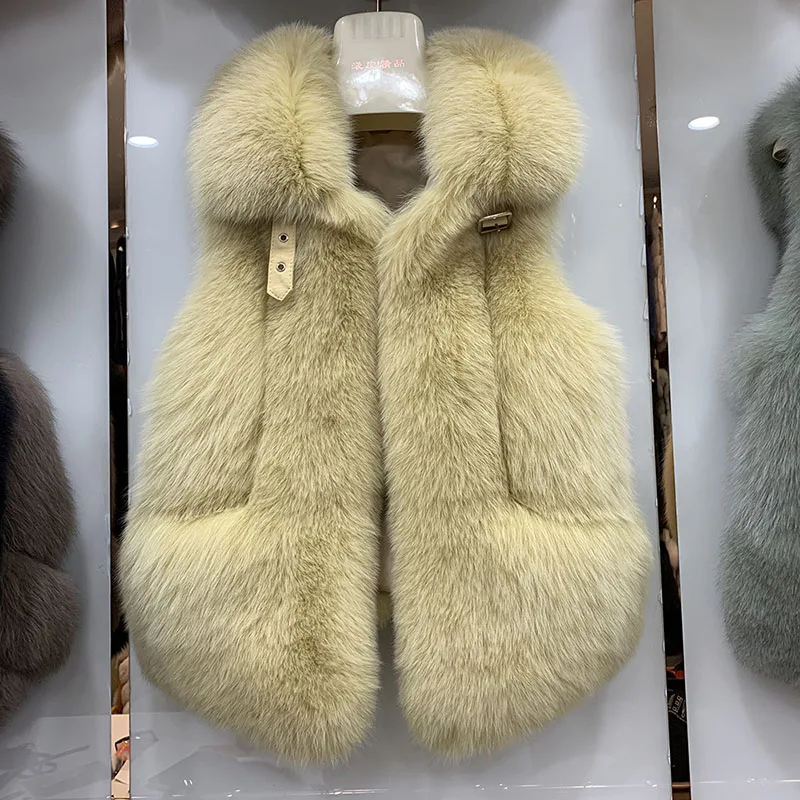 Light Yellow Женский модный жилет из лисьего меха, зимний жилет из натурального меха, толстый теплый меховой жилет S7651 - Цвет: Light Yellow