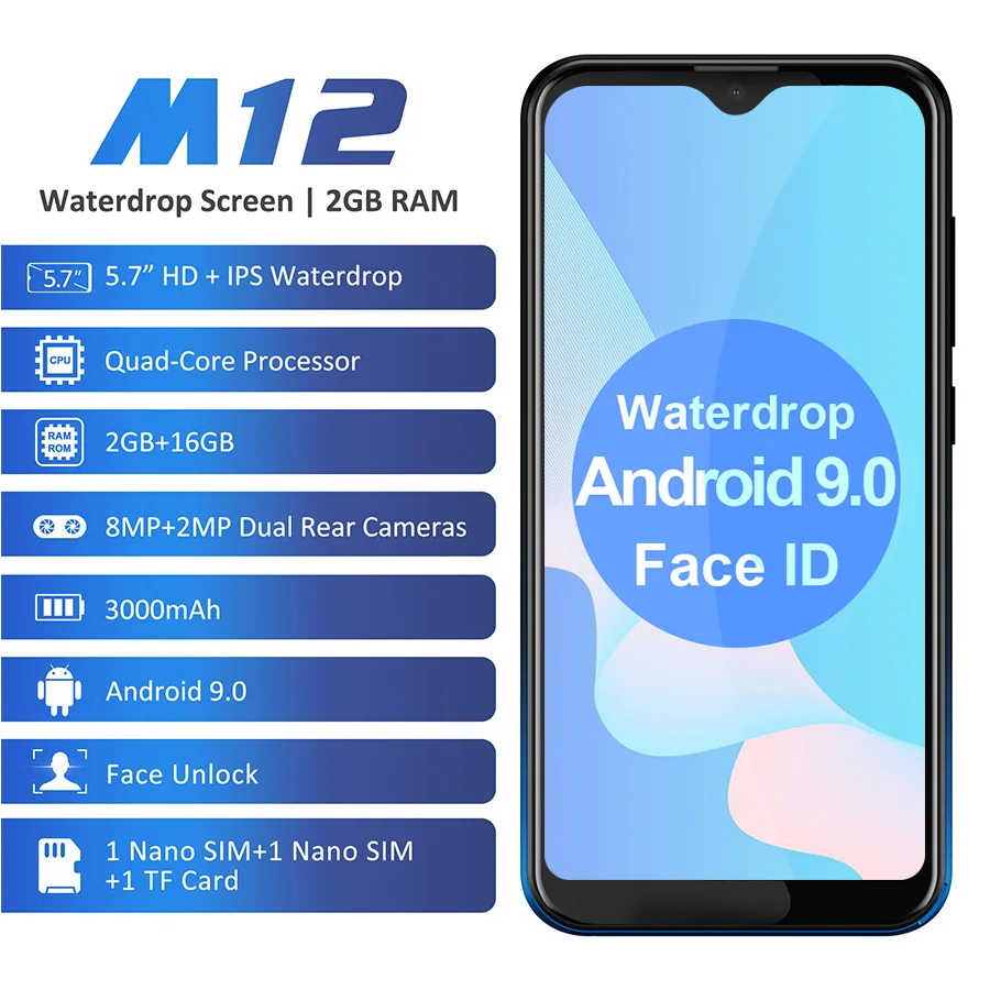 

LEAGOO M12 Mobile Phone 5.7" 19:9 HD+ IPS Waterdrop Screen 2GB RAM 16GB ROM Android 9.0 MT6739V 3000mAh 8MP Camera 4G Sma