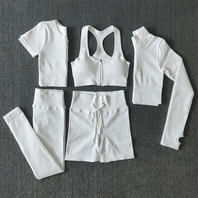 Seamless Women Yoga Set Workout Sportswear Gym Clothing Zipper Long Sleeve High Waist Leggings Fitness Bra Athletic Sports Suits 5PCSWhite
