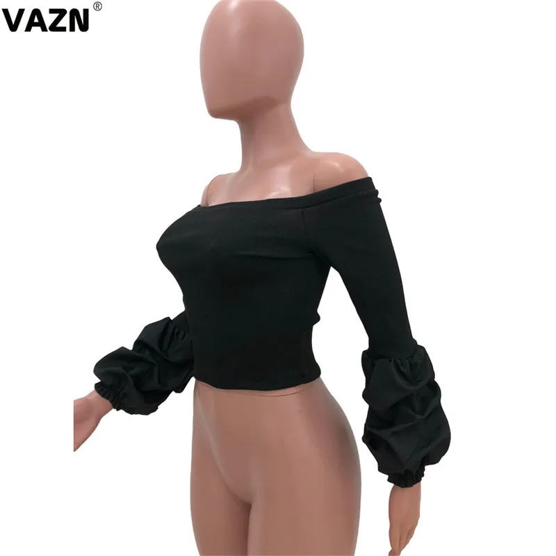 VAZN, черная,, английский стиль, одноцветная, хит, для девушек, с открытыми плечами, элегантная, для офиса, для женщин, Сексуальная футболка, тройники, с бисером, длинный рукав, тройники