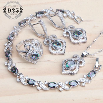 

Silver 925 Women Jewelry Sets Bridal Plant Natural Magic Rainbow Zirconia Bracelet Pendant Ring Earrings Wedding Necklace Set