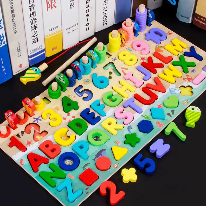 

Montessori Wooden Toys for Kids Early Educational Board Math Fishing Count Numbers Matching Digital Shape Sorter Children Toy
