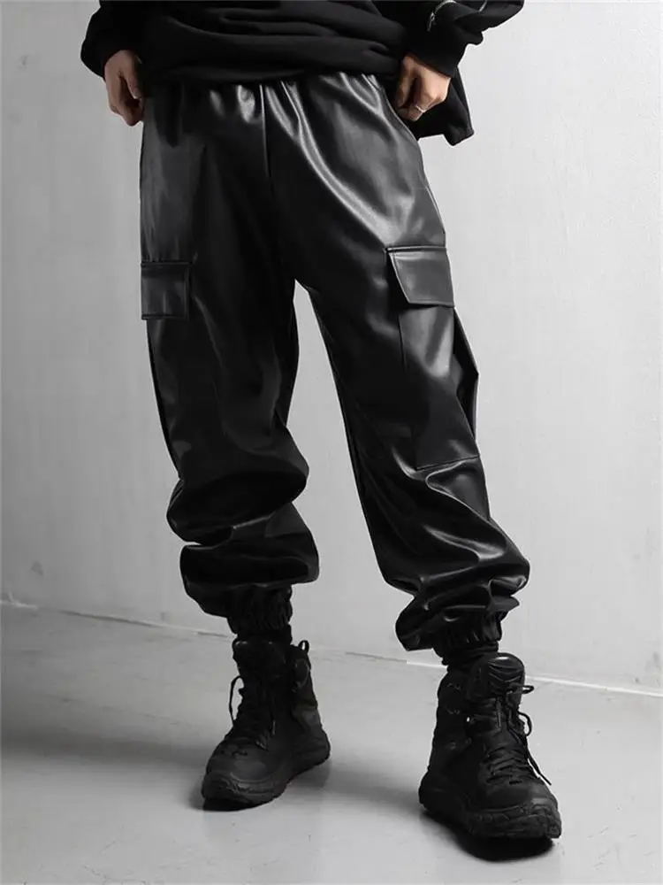 Men's Cargo Leather Pants Fall Winter Classic Pocket Decoration Loose Oversized