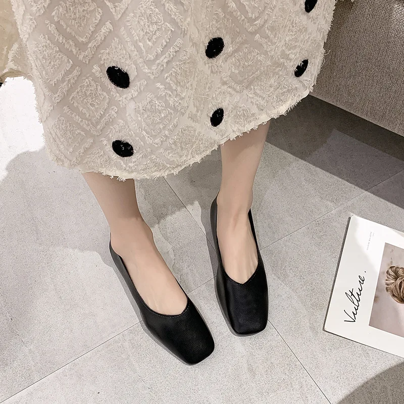 

2020 Spring And Summer Flat Keel Thin Shoes Women's Soft Leather Simple Low-Cut Square Head Grandma Shoes Casual Retro Slip-on L