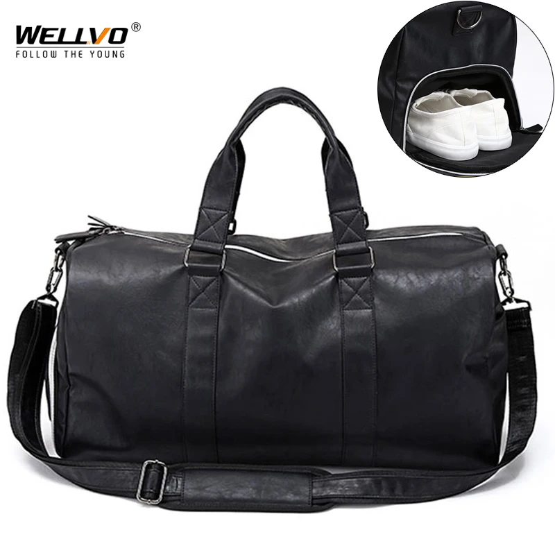 Мужская кожаная дорожная сумка, большая дорожная сумка, независимая обувь для хранения, большие сумки для фитнеса, сумка, сумка для багажа, сумка на плечо, черная, XA237WC