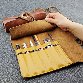 

Retro Cowhide Pen Curtain Multi-position Combination Leather School Pencil Case Storage Literary Pen Cover Supplies Stationery