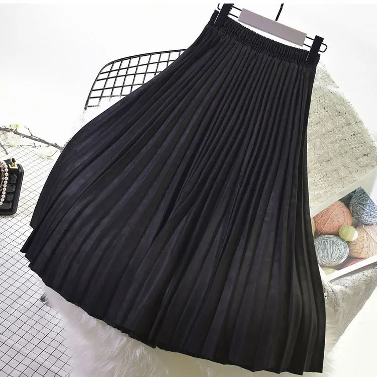 Двухслойная осенне-зимняя женская замшевая юбка длинные плиссированные юбки женские s Saias миди Faldas винтажные женские миди юбки - Цвет: Black