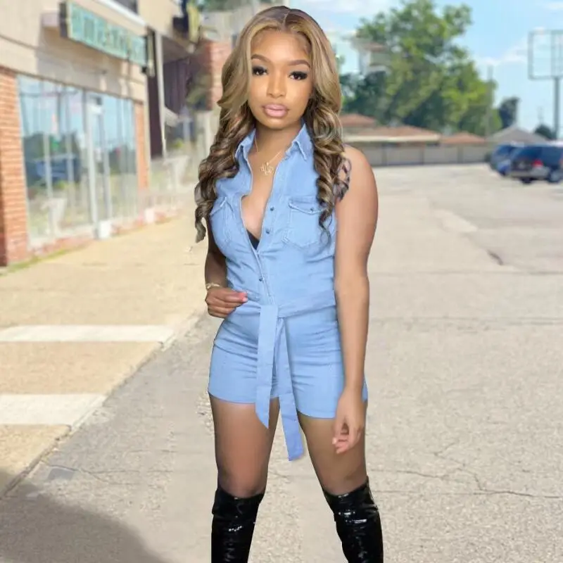 

Summer 2021 Women Sleeveless Denim Playsuit Fashion Turn Down Collar Single-breasted Short Jeans Jumpsuit female Bodycon Romper