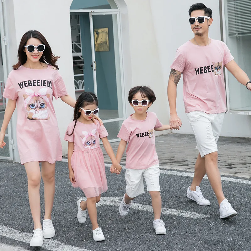 

2019 Summer Korean-style Loose-Fit Parent-child Matching Outfit Cartoon Short Sleeve the Whole Family of Three Beach Vacation St