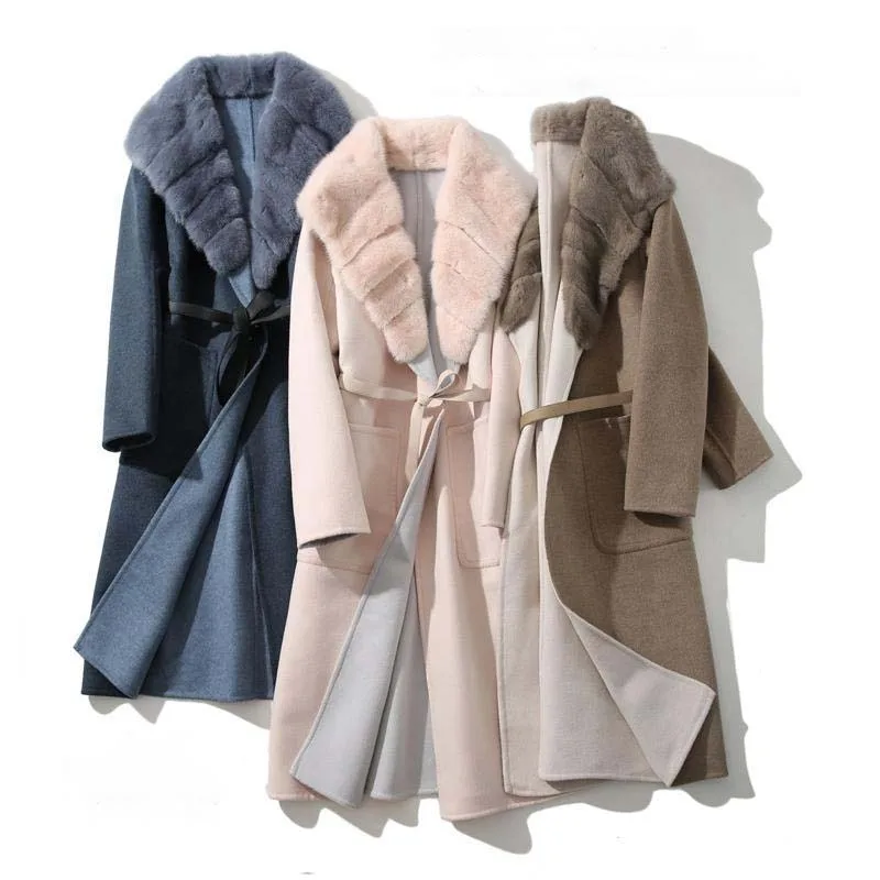 

2019 winter women's fashion luxury mink fur collar long design woolen overcoat