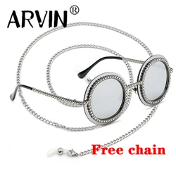Luxury Sunglasses Brand Designer Metal Round Rimless Eyewear Ladies Gear Retro Glasses Free Chain oculos de sol feminino
