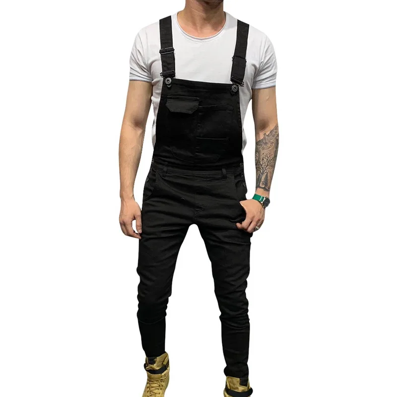 Laamei Men Adjustable Shoulder Strap Slim Denim Overalls Casual Bib Pants Jumpsuit Fashion Overalls For Man Suspender Pants - Цвет: Black