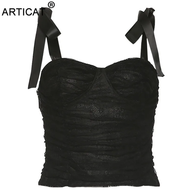 Black crop top Articat, сексуальные сетчатые Лоскутные Короткие топы, женские, галстук-бабочка, на шнуровке, одноцветные, бюстье, безрукавки, женские, Клубная, праздничная одежда, спагетти, топы - Цвет: Black crop top