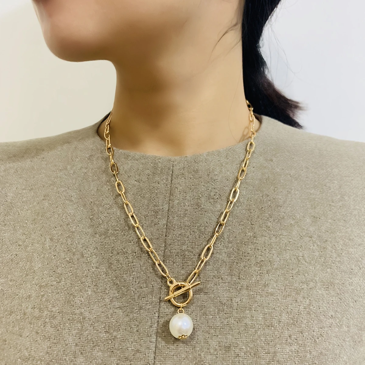 Necklaces Link-Chain Jewelry Cuban-Collars Punk Curb Women Lariat Simulated-Pearl-Pendant