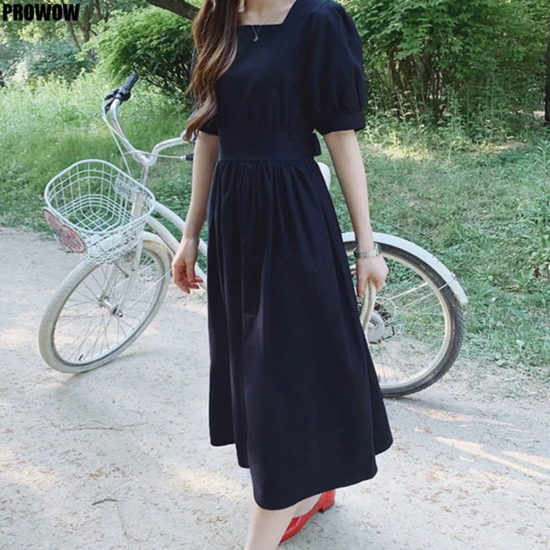 Vintage High Waist Square Collar Casual Dress 2020 New Summer Women Dress Cotton And Linen Lace Up Bow Puff Sleeve Long Dresses