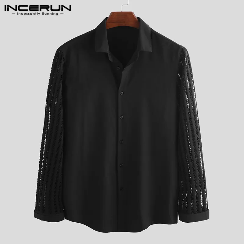 Ceny INCERUN koreański moda męska jednokolorowa klapa z długim rękawem koronkowa patchworkowa sukienka koszula klubowa strona obcisła koszulka Casual męska bluzka