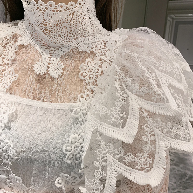 MIAOQING, сексуальные кружевные женские блузки с длинным рукавом, лоскутные рубашки с оборками, топы, Женская корейская модная одежда, новинка
