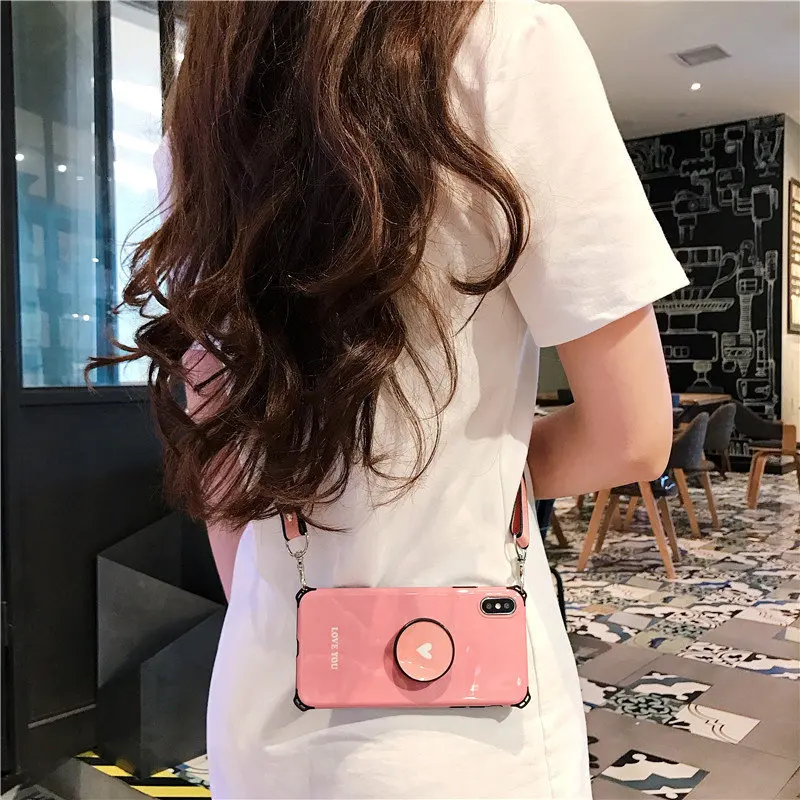 Чехлы для телефонов через плечо для iphone 11 pro X XR Xs max 6s 7 8plus love heart shell складной держатель подставка задняя крышка с длинным ремешком - Цвет: Розовый