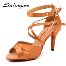 Ladingwu/туфли для латинских танцев; женские бронзовые атласные танцевальные туфли для танго и сальсы; круглая пряжка со стразами; бальные туфли для танцев