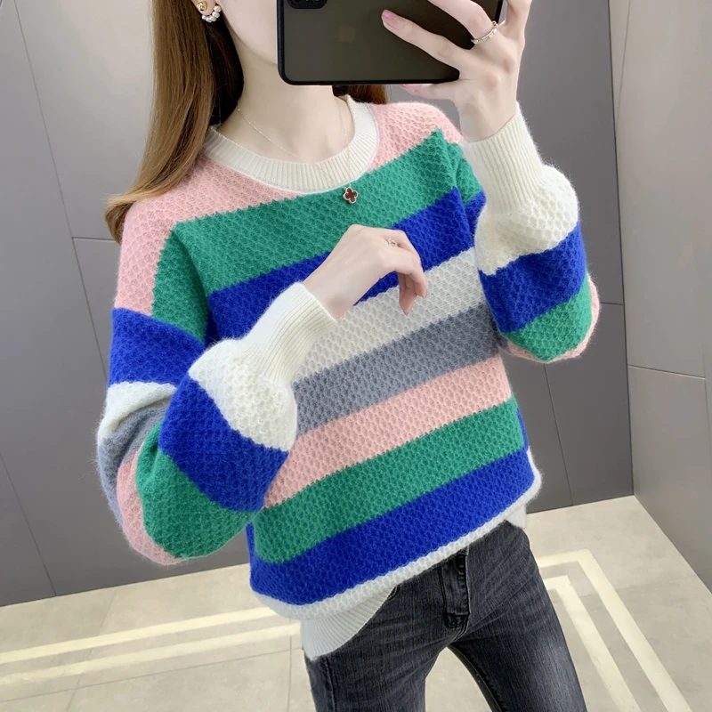 

Room 215626, row 3, under No. 2] real shooting stripe color matching round neck Pullover knitted sweater [1075] 40