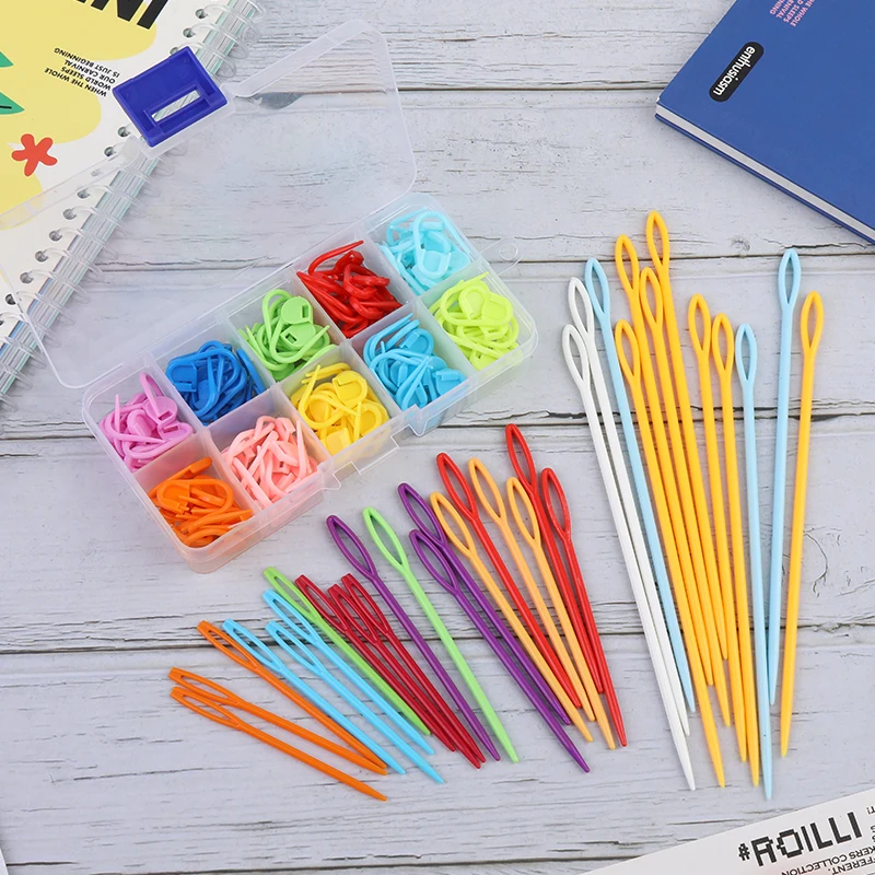 LMDZ 30Pcs Single Pointed Knitting Needles Large Eye Plastic Needles +150Pcs Locking Stitch Markers DIY Sewing Accessories