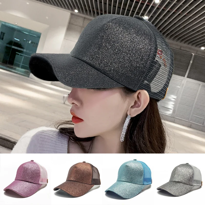 Women Girl Baseball Caps Sparkle Sequin Hat Snapback Mesh Trucker Sun