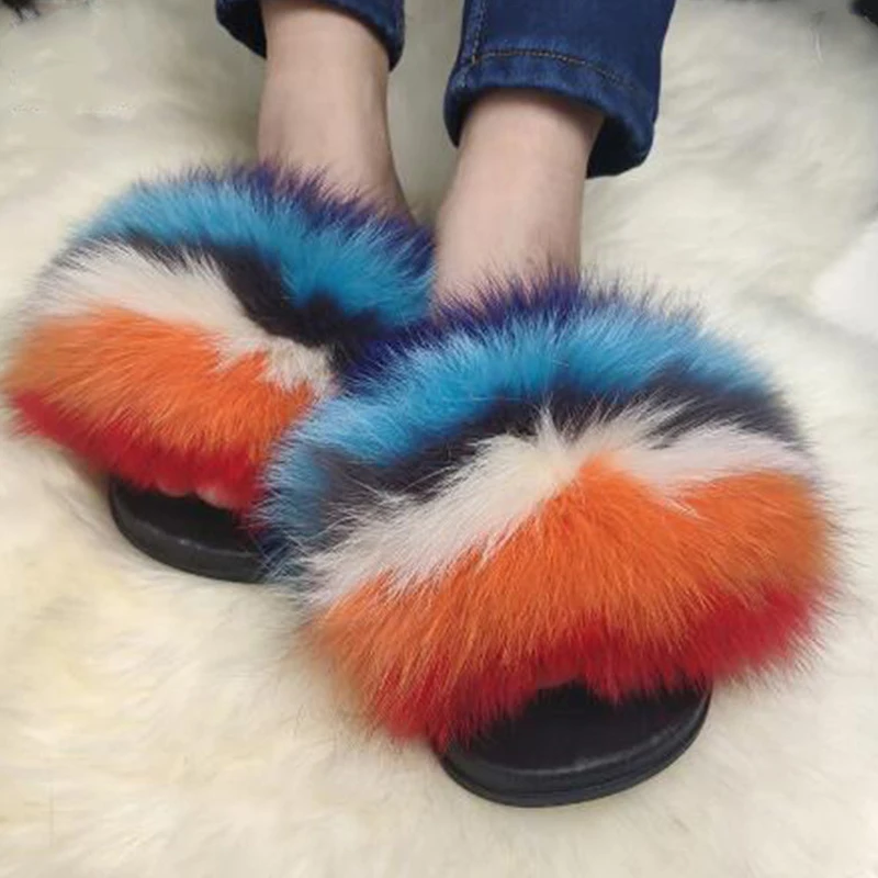 Newest Real Fox Fur Slippers Slides Lady Summer Plush Fur Good Quality Fur Shoes 