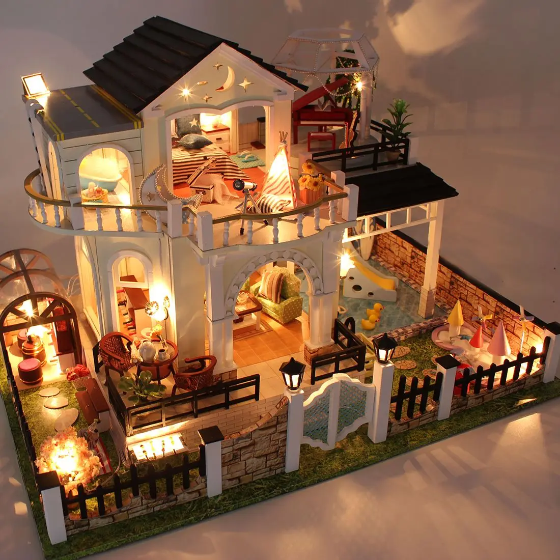 

DIY Creative Gift Handmade Theme Wooden Cabin Assembly Building Model Toy Set with Light and Music For Over 14 - Happy Together