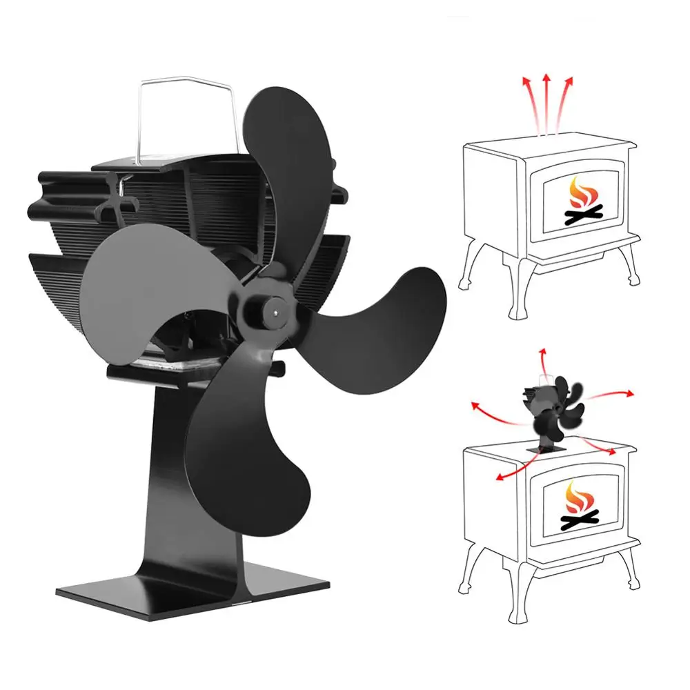 Black Fireplace 4 Blade Heat Powered Stove Fan Log Wood Burner Eco Friendly Quiet Household Fan Home Efficient Heat Distribution