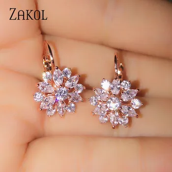 ZAKOL Fashion Rose Gold Color Hoop Earrings Flower Cluster Clear Crystal Zirconia Earring for Women Jewelry Brincos FSEP609