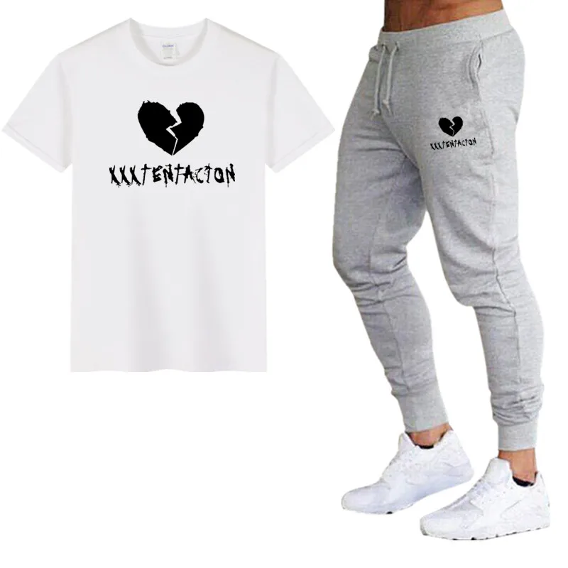 Новая мода XXXTentacion спортивный костюм и футболка комплект Мужская футболка s + брюки мужской летний спортивный костюм мужские повседневные
