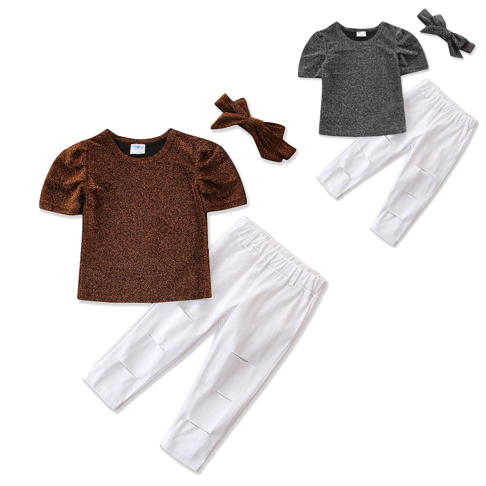 

Baby Shirt Hole Pants Headband 3pcs Set Costumes Girl Boy Clothing Set Solid Top White Pants Outfits
