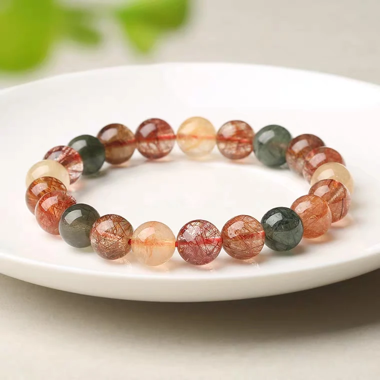 

Natural Colorful Rutilated Quartz Beads Bracelet Women Men Red Green Copper Clear Round Beads 8mm 9mm 11mm 12mm 13mm AAAAA