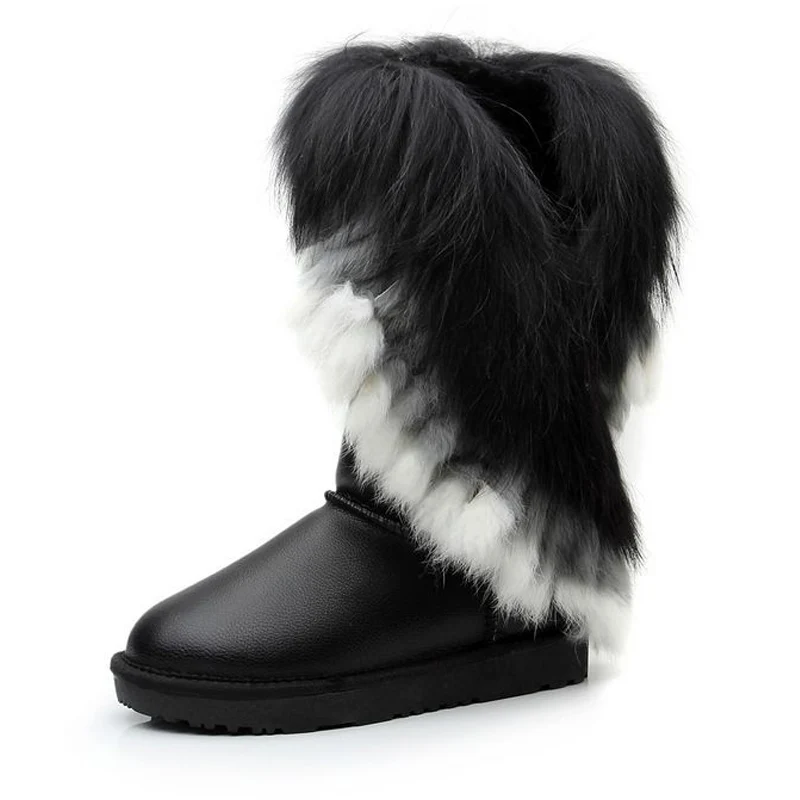 Новые модные зимние сапоги с натуральным лисьим мехом женские высокие сапоги из натуральной коровьей кожи зимние высокие сапоги нескользящая обувь на кроличьем меху с кисточками - Цвет: Metal Black