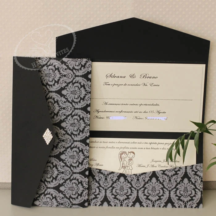 HI6009-04 Customized Wedding Card in Black and White with Flocking Patterns More Colors Available