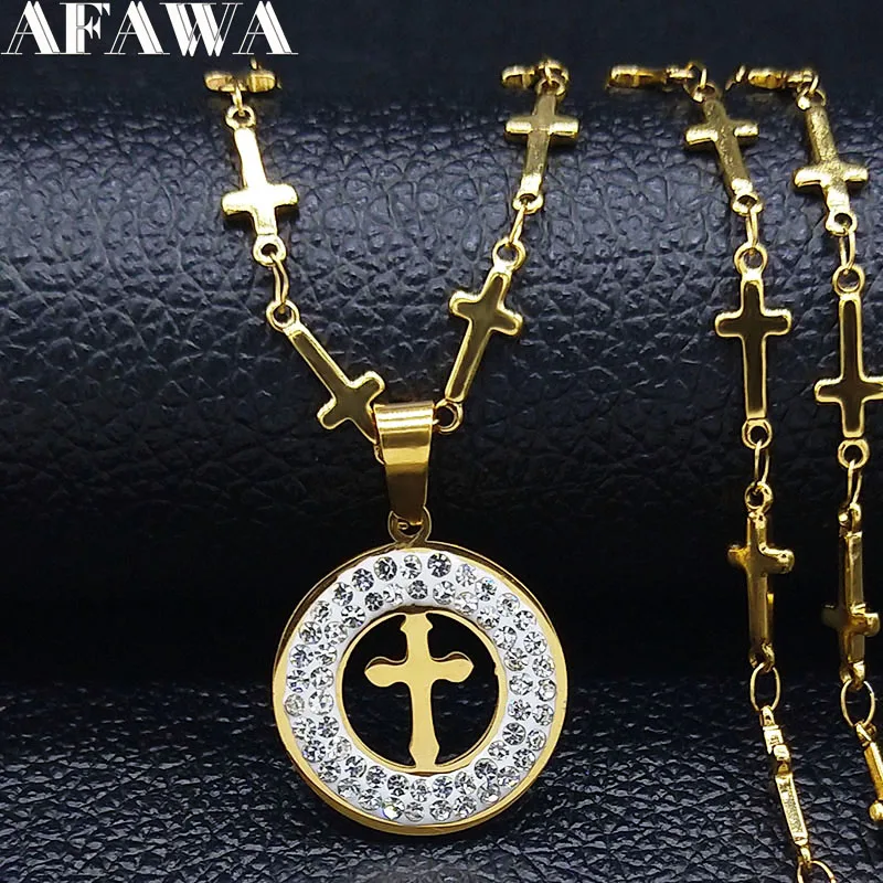 

2019 Fashion Cross Stainless Steel Crystal Necklace for Women Gold Color Necklaces & Pendants Jewerly collier femme N19509