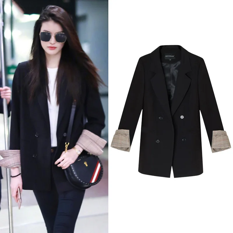 

Spring Small Suit Coat Women's Korean-style 2019 New Style INS Loose Casual Hong Kong Flavor Retro Black And White with Pattern