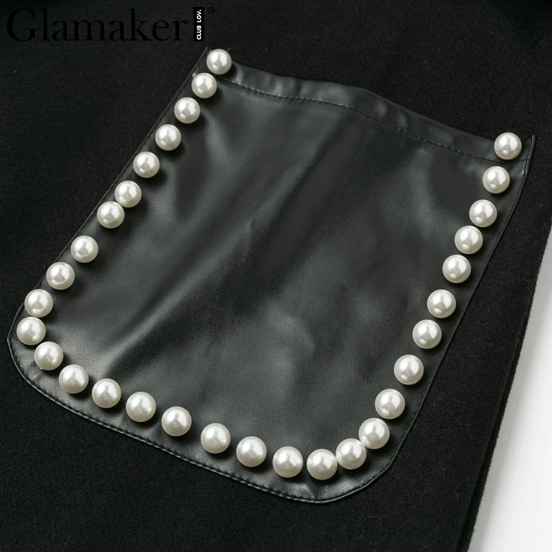 Glamaker, жемчужный карман, сексуальное длинное пальто для женщин, черное, длинный рукав, пояс, теплая верхняя одежда для женщин, Осень-зима, отложной воротник, элегантное пальто