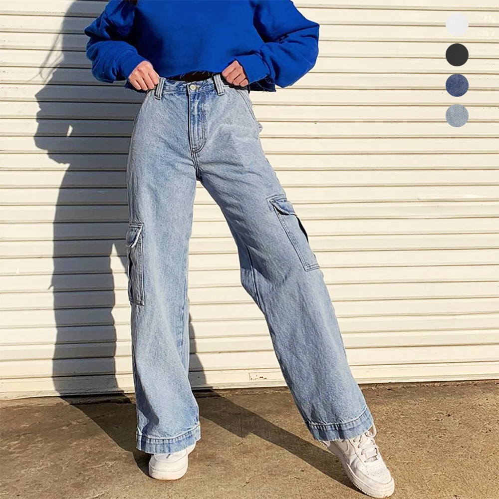 Weekeep Pockets Patchwork High Waist Jeans Women Streetwear Straight Jean Femme Blue 100% Cotton Cargo Pants Weekeep Pockets Patchwork High Waist Jeans Women Streetwear Straight Jean Femme Blue 100% Cotton Cargo Pants