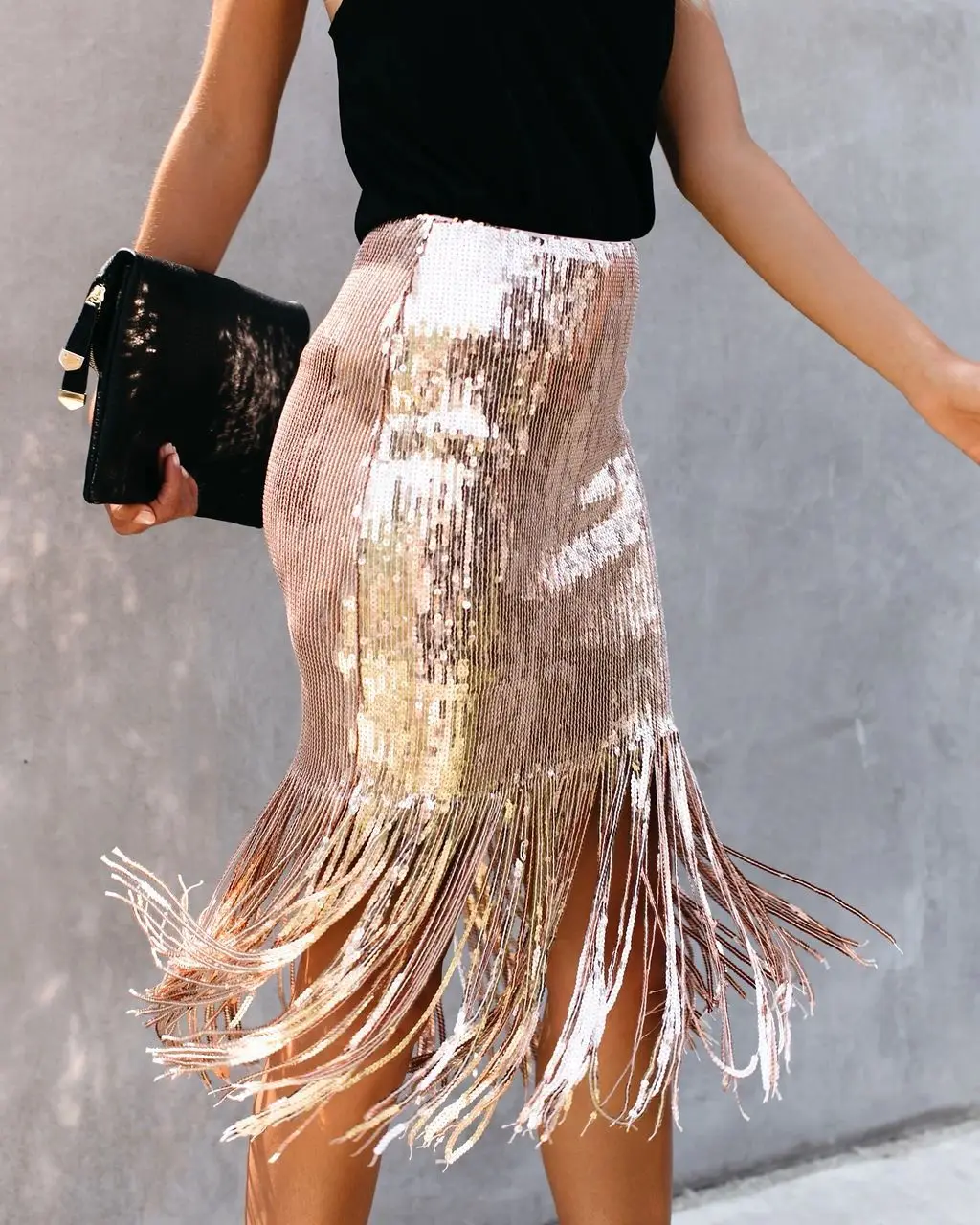 QILI, модная женская юбка с кисточками и пайетками, юбка-карандаш с естественной талией и боковой молнией, черная, красная, розовая, золотая, серебряная, блестящая юбка - Цвет: Золотой
