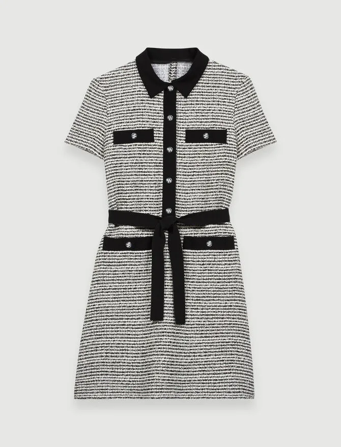 

2020 New Women Plaid Tweed Dress With Sashes Turn Down Collar Short Sleeve Mini Dress