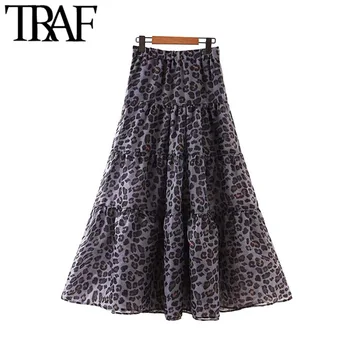 

TRAF Women Vintage Stylish Leopard Print Organza Maxi Skirt Fashion A Line Elastic Waist Side Zipper Female Skirts Faldas Mujer