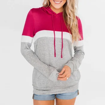 

New Colors Patchwork Casual Women Slim Hoodies Drawstring Long Sleeve Hoodies Pocket Female Print Tops Sweatshirt Preppy Style