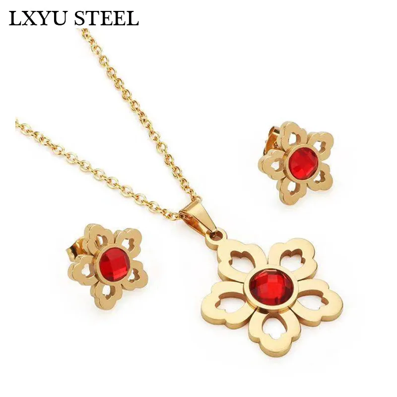 

Bohemia Flower Jewelry Sets For Women Gold/Silver Stainless Steel Necklaces Red Zircon Earrings Sets Women Wedding Gifts